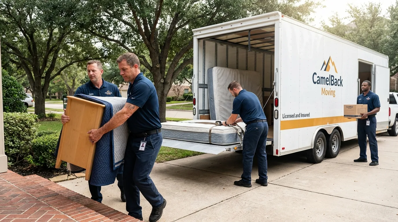 Crew loading residential truck for cross-state move from Colfax, WI