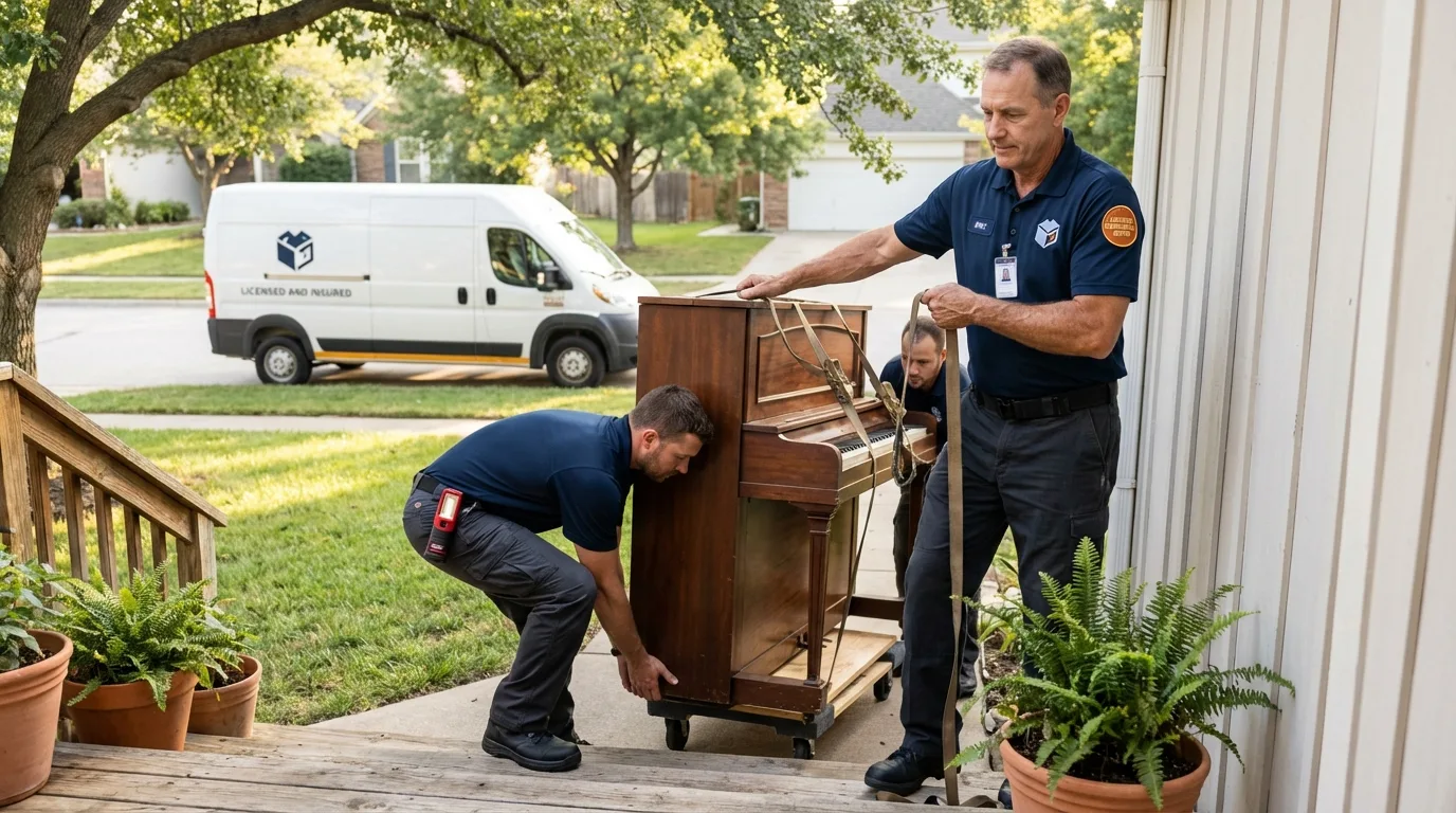 Licensed piano movers securing grand piano in Colfax, WI