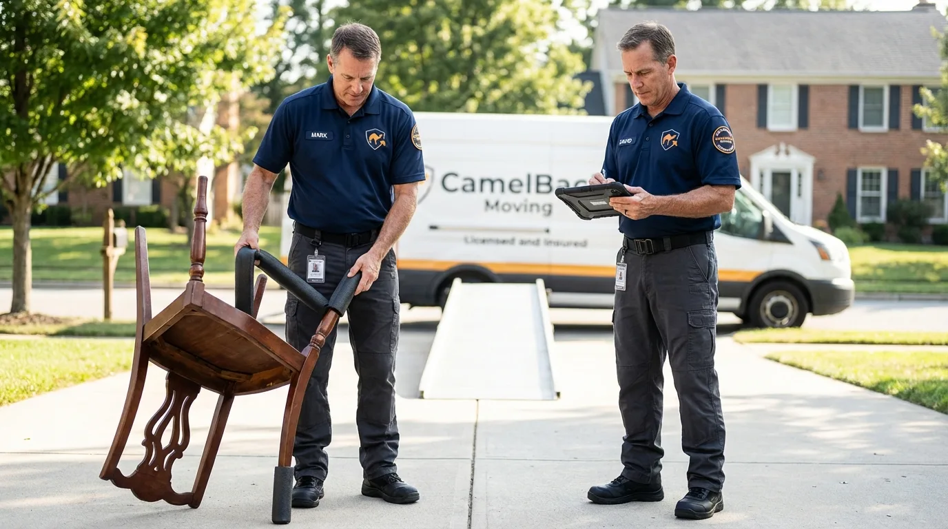 Movers inspecting furniture for damage prevention before loading in Colfax, WI
