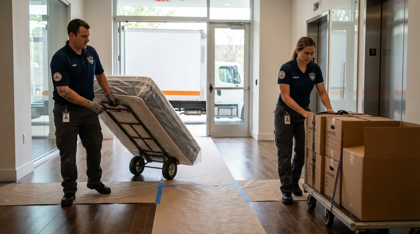 Professional apartment movers loading elevator in Colfax, WI