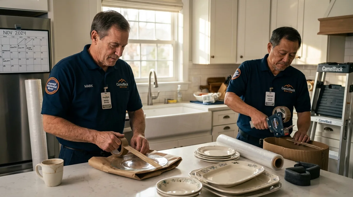 Professional crew packing kitchen dishware in Colfax, WI